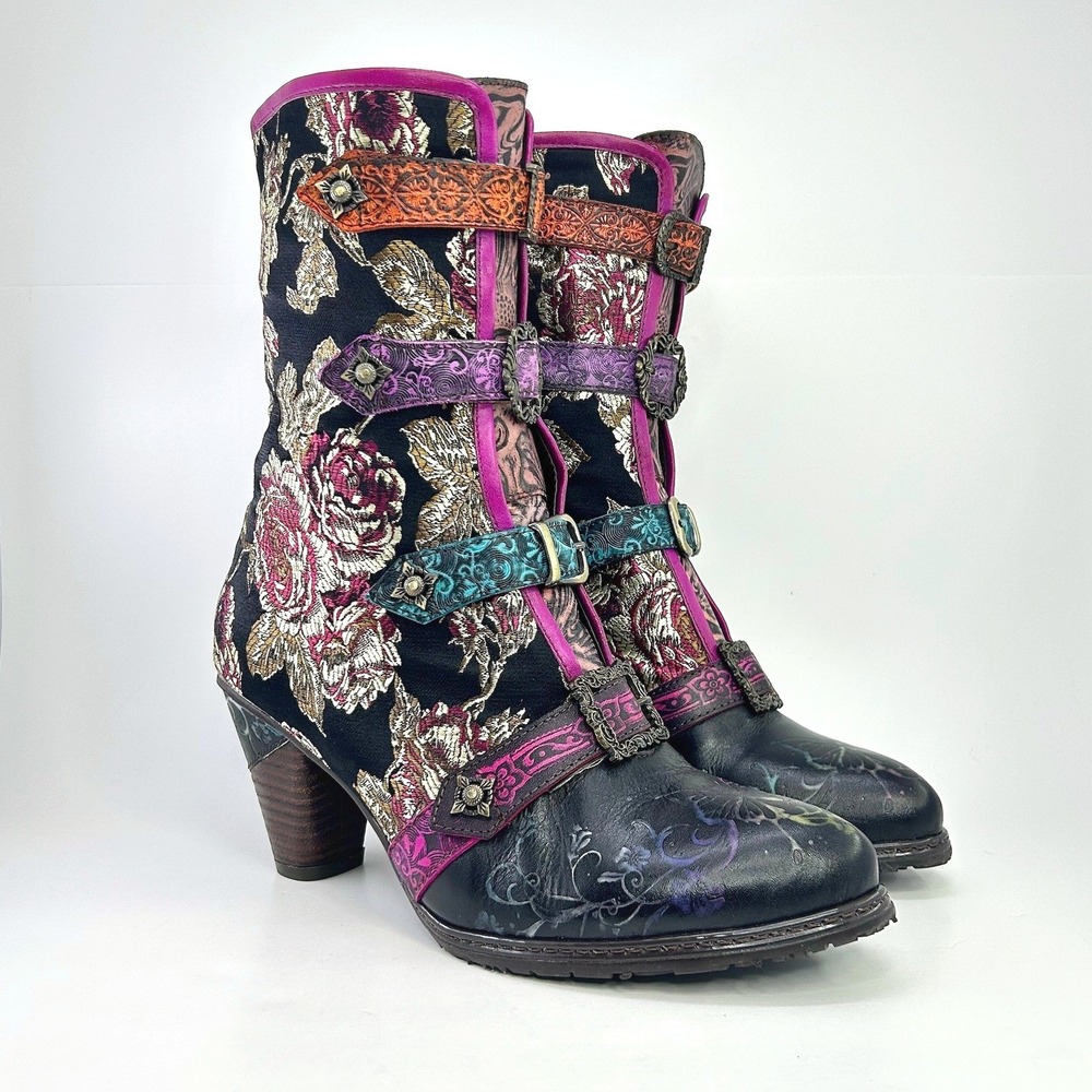 L'Artiste Chixxiela Floral Leather Boots Black Multi EU 41 Gothic Cosplay NWOB